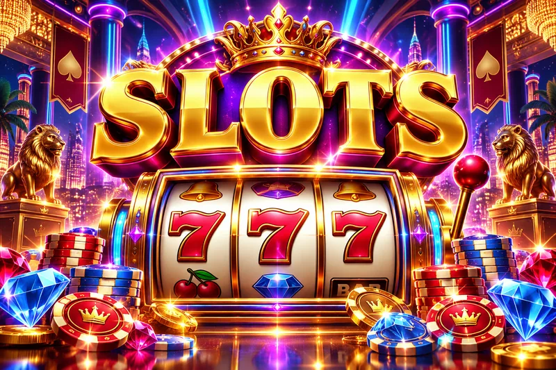Gold slot reels with red sevens, jewel chips and neon light — original concept illustration