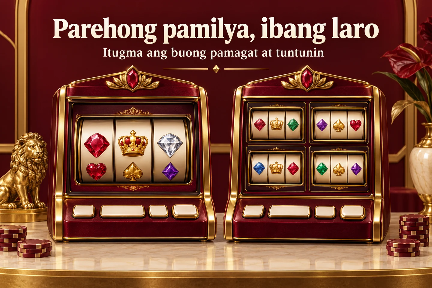 Dalawang kathang burgundy slot cabinet na may single at multiple grids para sa pagtutugma ng variant.