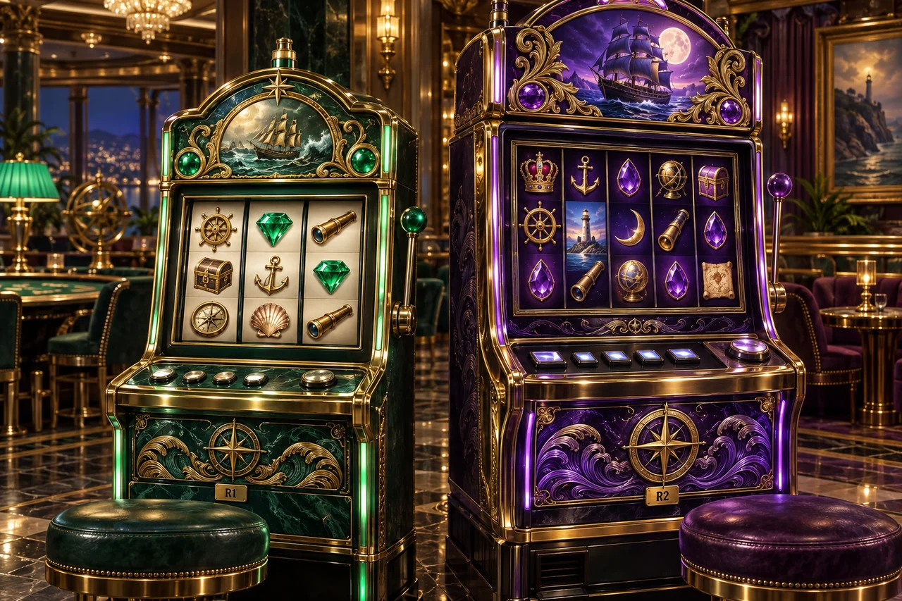 Two fictional nautical slot cabinets with different reel layouts and edition plaques R1 and R2.