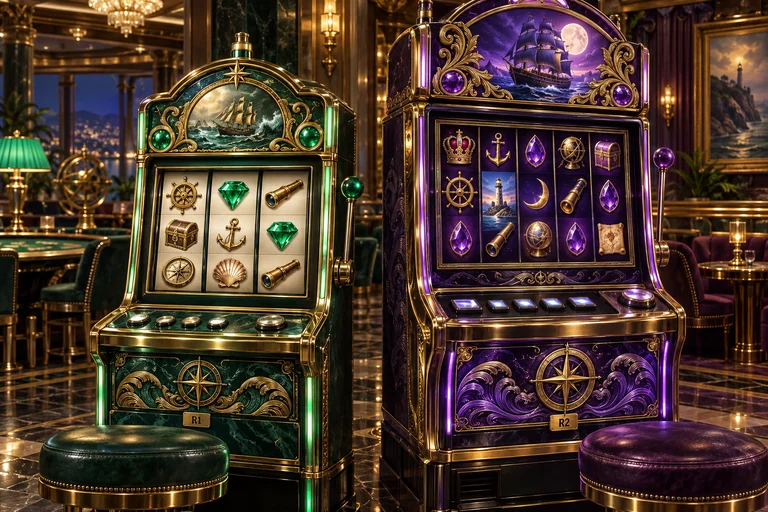 Two fictional nautical slot cabinets with different reel layouts and edition plaques R1 and R2.