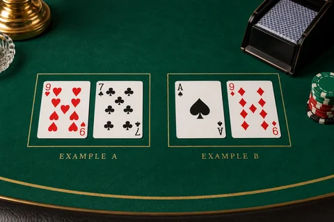 Two baccarat example hands: nine and seven, and Ace and nine.