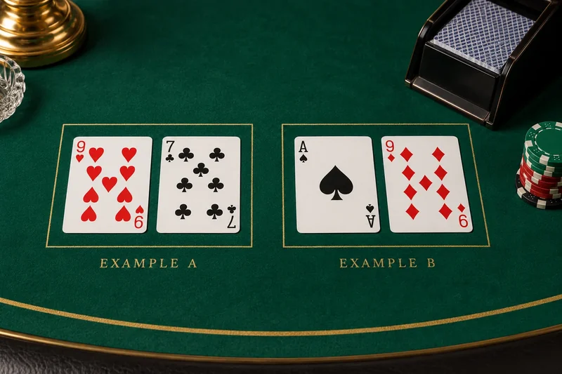Two baccarat example hands: nine and seven, and Ace and nine.