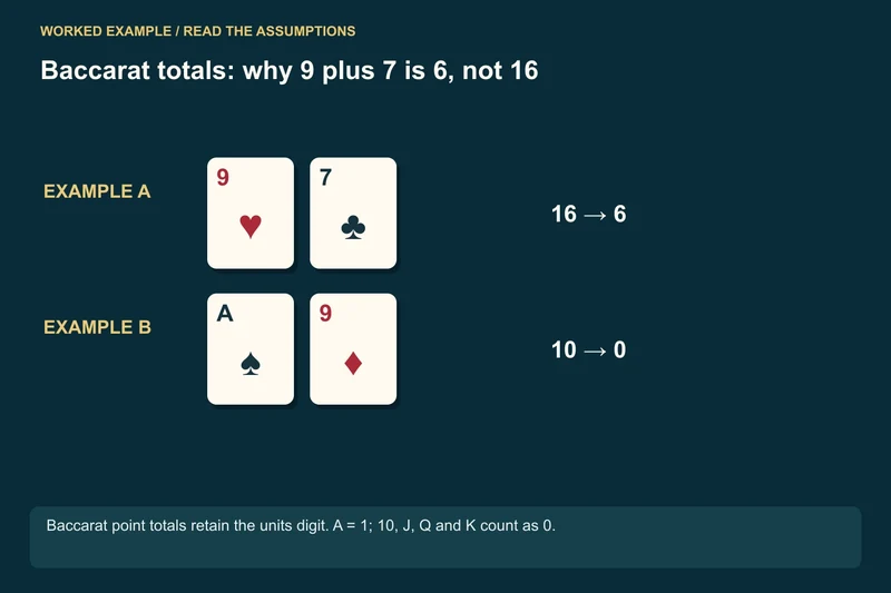 9 + 7 = 16: Keep the final digit → 6 points; A + 9 = 10: Ace is 1 → 0 points; 9 + 8 + 7 = 24: Keep the final digit → 4 points