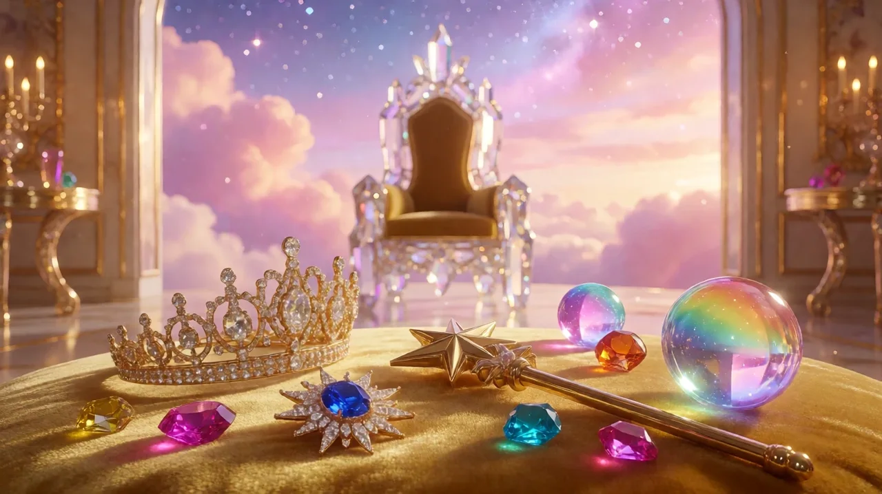 A gold tiara, a sapphire star brooch, a star-topped gold wand, coloured gemstones and glowing rainbow spheres on gold velvet in front of a crystal throne and a pastel starry sky