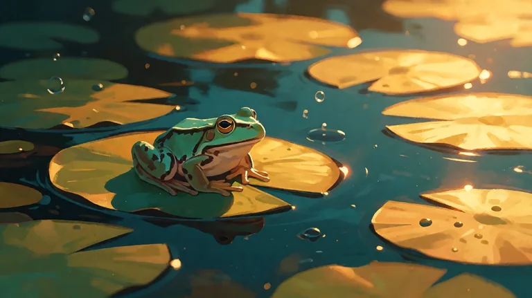 A green frog with orange toes sits on a glowing gold lily pad in a dark teal pond, with water droplets and more lily pads around it
