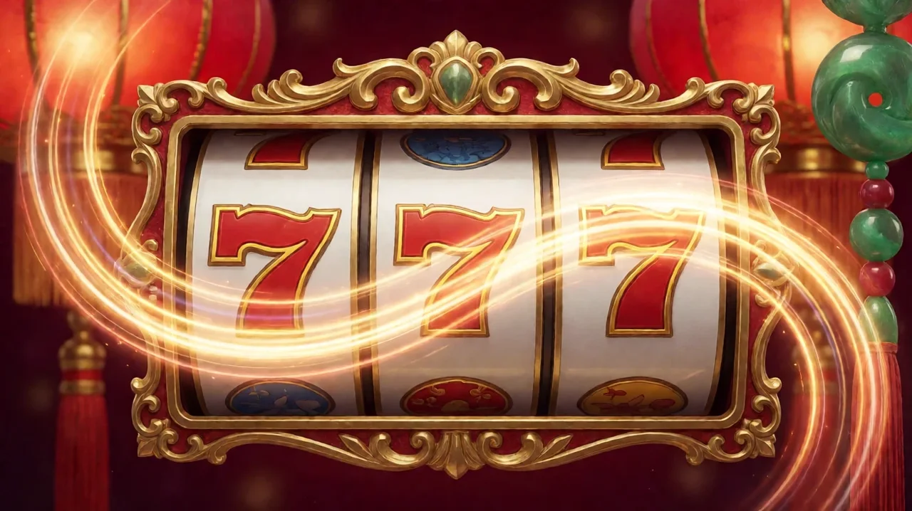 A gold-framed slot reel window showing red sevens, with glowing light trails sweeping across it and red lanterns and jade ornaments behind