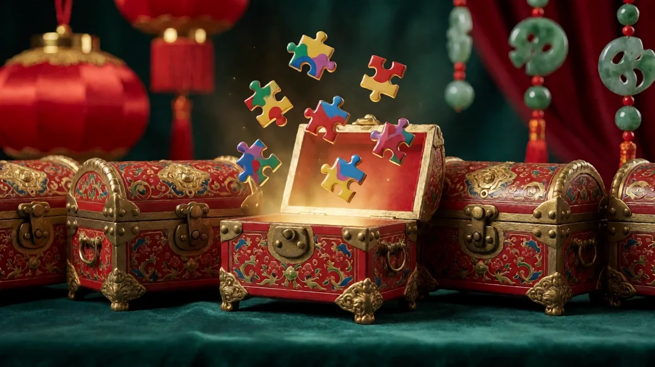 Ornate red-lacquer and gold treasure chests on green velvet, the middle chest open and glowing with colourful puzzle pieces floating above it, red lanterns and jade ornaments behind