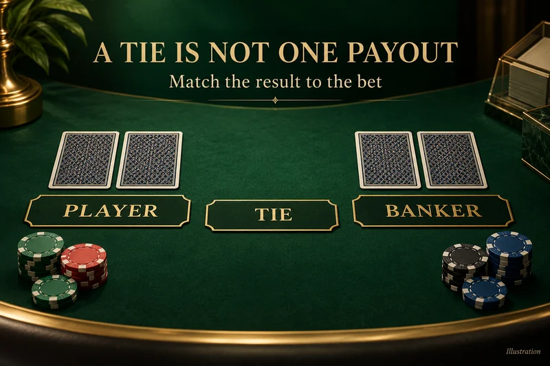 Fictional baccarat table keeps Player, Banker and Tie selections visually separate.
