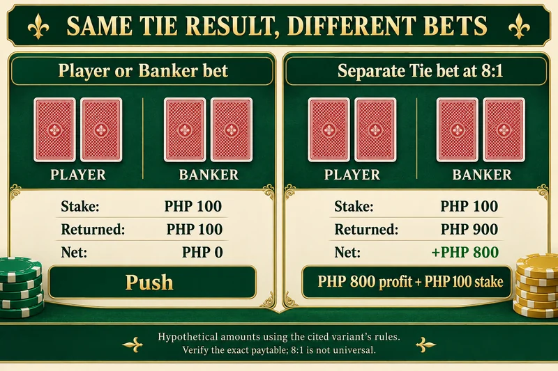Under the cited variant, a PHP 100 Player or Banker push returns PHP 100; a separate PHP 100 Tie bet at eight-to-one returns PHP 900 including the stake.